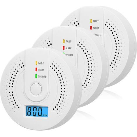 Lot de 3 détecteurs de monoxyde de carbone à piles avec écran LCD numérique pour maison, cuisine, restaurant, hôtel, bureau - Piles non incluses (1/5)