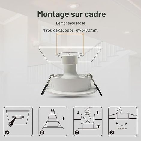 spots encastrables - Culot GU10 - Blanc - Rond - ampoules LED MR16 - Ø75 x 85 mm - Diamètre du trou : 85 mm (1/3)