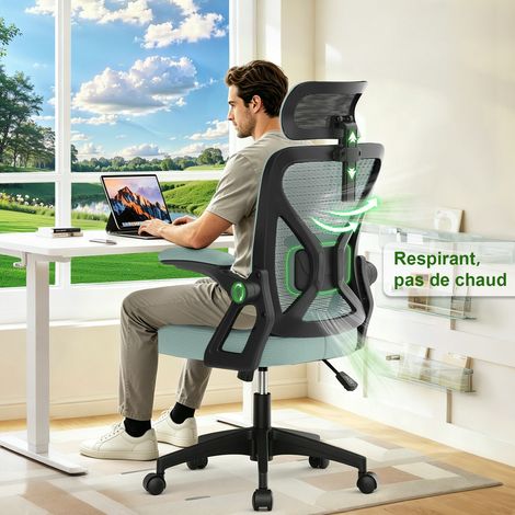 Chaise de bureau ergonomique, dossier, accoudoirs et appui-tête réglables, soutien dorsal renforcé, charge maximale de 150 kg, inclinaison à 120°, vert menthe