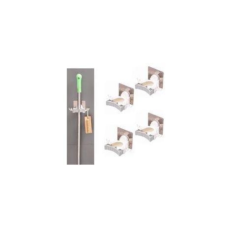 Lot de 4 accroches-balais adhésifs avec crochets, support mural auto-adhésif pince à ressort – Rangement pour cuisine, jardin, balcon, garage (Gris)–