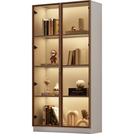 Vitrine en verre avec éclairage LED, armoire blanche à double porte et étagères réglables, vitrine 80 x 40 x 160 cm (1/5)