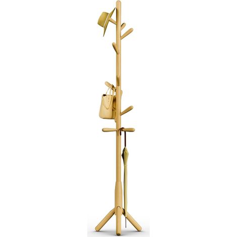 Solid Wood Coat Rack Freestanding Tree Shape with 11 Hooks, (+2 Spares) Main Pole Diameter 40 mm (Three Legs, Natural Wood Colour) (1/5)