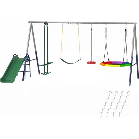 Portique 5 en 1 avec toboggan, hauteur réglable, avec balancelle nid, 382 x 196 x 203 cm, multicolore (1/5)