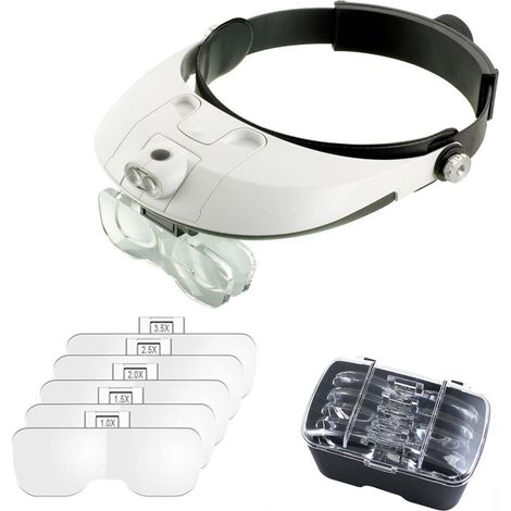 Casque grossissant avec éclairage avec 2 LED et 5 lentilles interchangeables, kit mains libres pour bijoux, électronique, broderie