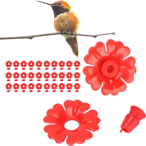Flores de repuesto para comederos de colibríes: 30 piezas surtidas de plástico rojo de 3 cm. Accesorio de jardín duradero y fácil de montar. (1/5)