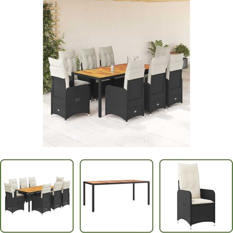 vidaXL Gartenstuhl - 9-tlg. Garten-Bistro-Set mit Kissen Schwarz Poly Rattan (1/5)