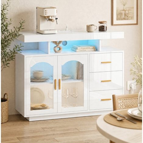 Buffet blanc 100x35x80 cm en bois, avec LED et rangement pour salle à manger FloraGrace (1/5)