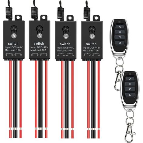 Interrupteur sans fil 12V,4 Relais radiocommandé Avec télécommande,DC12V/24V/48V 10A Relais mural sans fil,Avec longue portée de 100m,Pour porte de garage,LED,store,lampe (1/5)