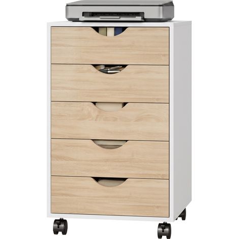 Caisson de bureau mobile avec 5 tiroirs et roulettes, pour bureau et salon, 40x40x67 cm, blanc et naturel (1/5)