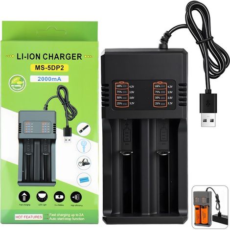 Chargeur Accu 18650 26650 21700 18500 14500 10440, Chargeur Universel Intelligent 2 Slot Chargeur de Batterie Li-ION 3,7V avec Câble USB, Affichage LED Intelligent et Protection Sécurisée (1/5)