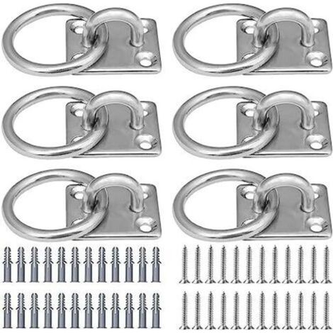 Set of 6 Stainless Steel Eye Plates Square Eyelets with Silver Ring Ceiling Hook with 24 Screws and 24 Expansion Tubes, for Yoga Rope and ha (1/5)