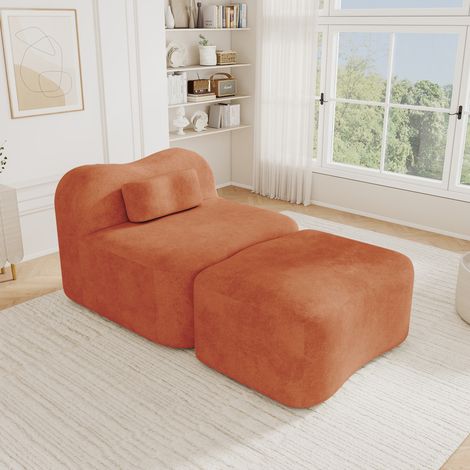 Canapé modulaire sans cadre avec pouf, design ondulé, rembourrage en mousse haute densité 32D, coussin de dossier amovible, tissu doux, adapté pour appartement, salon et chambre, orange (1/5)
