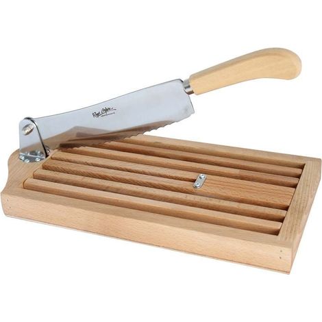Trancheuse manuelle en hêtre huilé – Lame inox crantée 25 cm – Ramasse-miettes intégré pour tranchage propre – Usage professionnel – Roger Orfevre