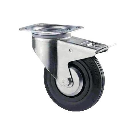 Roulette pivotante à frein sur platine charges moyennes 3377 charge 100kg roue caoutchouc Ø125mm avec roulement rouleaux - Tente