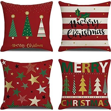 Housse de coussin de Noël – Lot de 4 housses de coussin en coton et lin rouges décoratives de Noël – Coussin pour canapé, salon, lit, voiture, taie d'oreiller carrée (1/5)