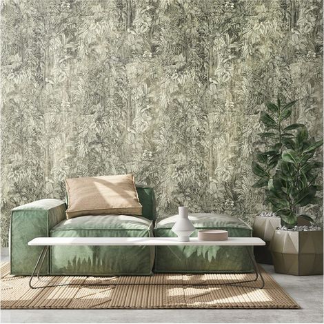Photo wallpaper Profhome 393131 hot embossed non-woven wallpaper smooth with palm trees matt green grey 1.59 m x 2.8 m (1/4)