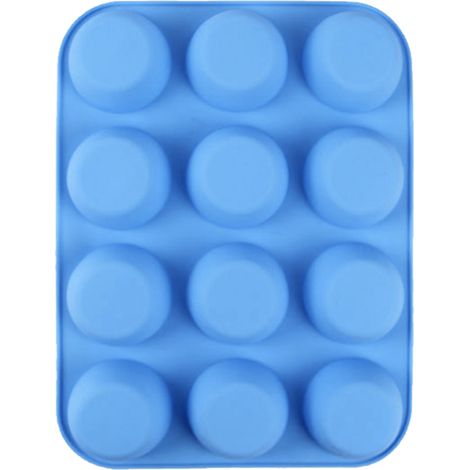 Moule à cupcakes 12 cavités en silicone souple bleu, rond antiadhésif facile à démouler pour muffins, gelée, savon et bougie (1/5)