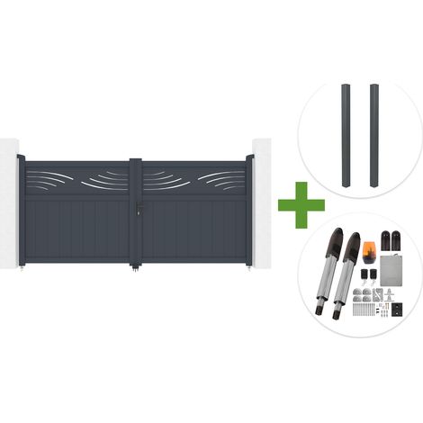Portail battant 3m HALTI H.140cm aluminium gris + 2 poteaux ELDA 15x15cm + motorisation Tanker B700 (1/5)