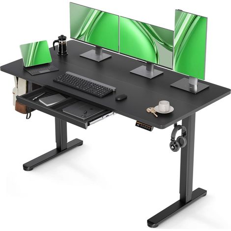 Elektrischer Schreibtisch 140x60cm mit Schublade, höhenverstellbar, 80kg, 3 Speicherplätze, Schwarz (1/5)