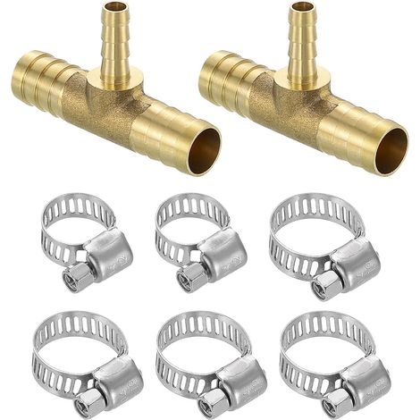 2Pcs Raccords de Tuyau en Laiton, Té 3 Voies 1/2" Barbé x 1/4" Barbé x 1/2" Barbé Réducteur de Tuyau, Té en Laiton Barbé Réducteur avec 6Pcs Colliers de Serrage Carburant Air (1/5)