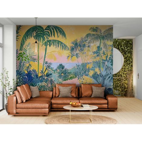 Papier peint Tropical – palmiers et océan pastel - 150 x 250 cm (1/2)