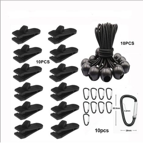 Juego de 10 clips de sujeción para lonas + 10 gomas elásticas con bola,10 mosquetones para toldos. Clips de plástico con cierre para lonas (1/4)