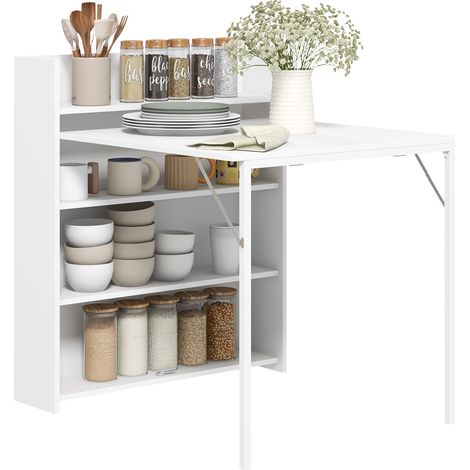 Table à manger pliante blanche avec 4 étagères, anti-basculement, pliable pour petits espaces