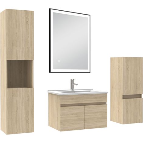 AICA Meuble simple vasque 60cm avec colonne et miroir lumineux 3 couleurs et dimmable Chêne (1/5)