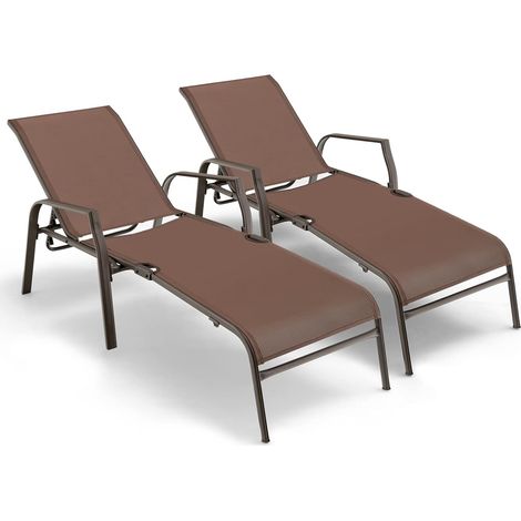 Goplus – Lot de 2 chaises longues inclinables en textilène – Dossier réglable 5 positions – Cadre métallique robuste – Charge max 150 kg – Marron (1/5)