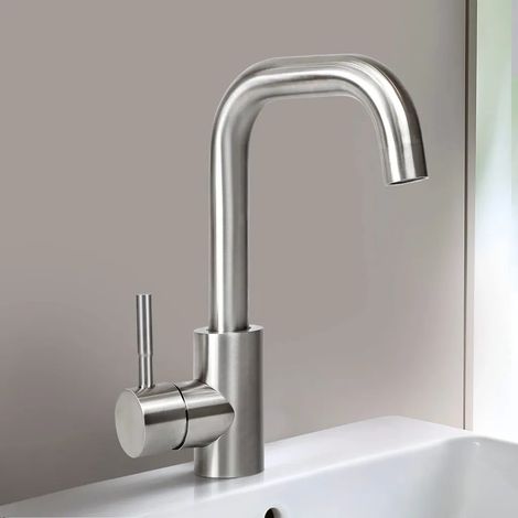 Badarmatur/Waschtischarmatur - Zubehör: Hochdruck-Kaltwasserhahn, Auslaufhöhe 100 mm, Edelstahl-Badarmatur, gebürstetes Nickel.