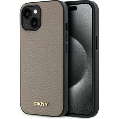 Funda rígida DKNY DKHMP15SPGHLME para iPhone 15 de 6,1 pulgadas, color beige/beige, con logotipo de metal granulado y MagSafe. (1/5)