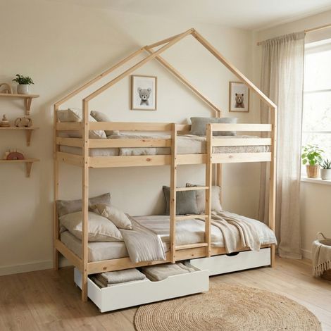 sweeek - Lit enfant superposé cabane 90 x 190 cm pin naturel sommier à lattes et tiroirs blanc - Roya (1/5)