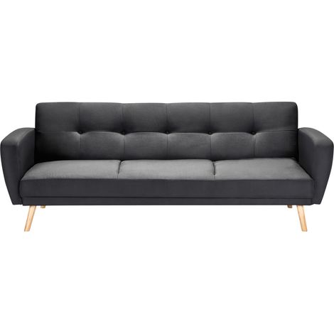 Sofá cama tapizado en tela negra 3 plazas patas de madera estilo minimalista moderno Florli