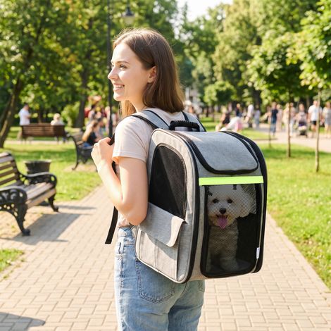 Cage de transport extensible pour chien, avec 5 poches et bande réfléchissante, pour chiens jusqu'à 10 kg, 33,5 x 28 x 42 cm, gris clair (1/5)