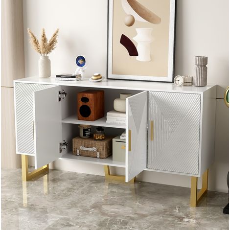 Anrichte MDF/PB Weiß 150x40x82 cm, 4 Türen, hochglänzende Fronten, höhenverstellbare Regale, goldfarbene Beine (1/5)