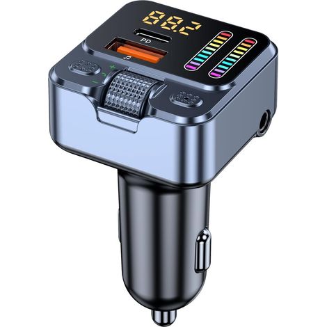 Adattatore caricabatteria per auto Bluetooth 5.4 da 45 W - Trasmettitore radio FM wireless con lettore MP3, ingresso ausiliario, retroilluminazione a LED colorata, chiamate in vivavoce con microfono