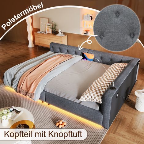 Canapé-lit convertible 140x200 cm avec sommier à lattes intégré (sans matelas), banquette-lit lumineuse télécommandée, tête de lit capitonnée à boutons, ports USB+Type-C, lin gris