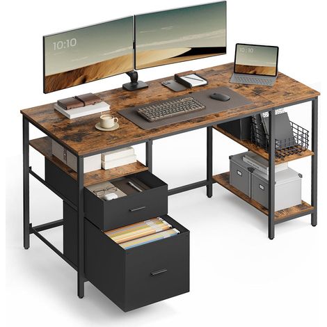 Bureau d’ordinateur table avec rangement 3 étagères 2 tiroirs 60 x 140 x 76 cm pour bureau salon style industriel marron rustique et noir
