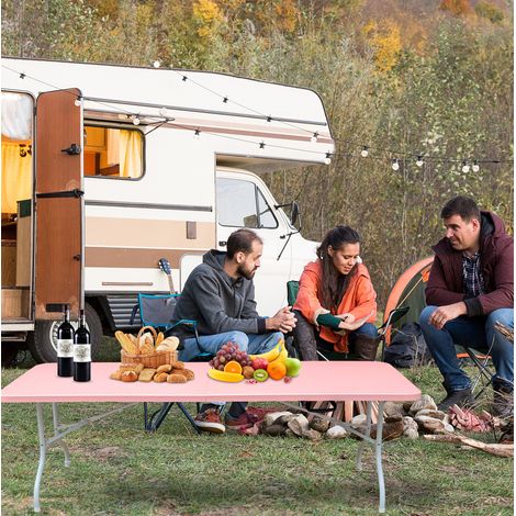 Mesa plegable 244x76x73.6 cm rosa en plástico y hierro con asa y estructura reforzada (1/3)