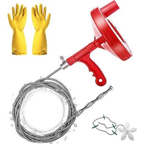 7,7 m lange handbetriebene Abflussspirale, Rohrreinigungsspirale für Küchen-, Spülbecken-, Badewannen- und Toilettenabflüsse, mit Handschuhen und Duschabflussschutz - (1/5)