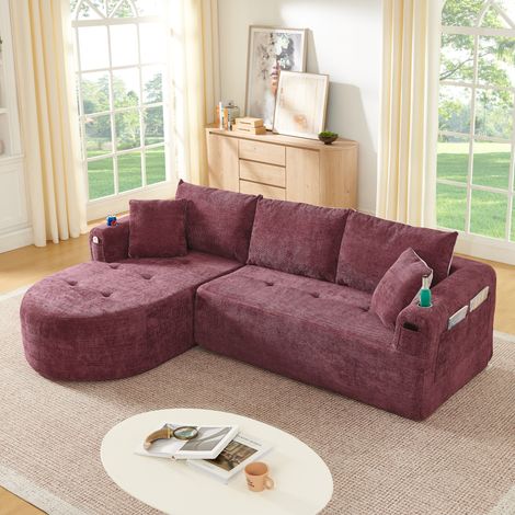 Sofa Ecksofa L-Form aus Stoff in Claret Red, Cloud-Couch ohne Montage, mit Edelstahl-Becherhalter und Seitentaschen (1/5)