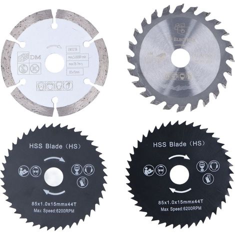 4 pièces Lames de scie circulaire mini en acier allié pour coupe bois et plastique, diamètre 85mm (1/5)
