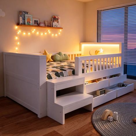 Letto singolo per bambini 90x200 cm bianco in legno con LED, cassetti e barriere (1/5)
