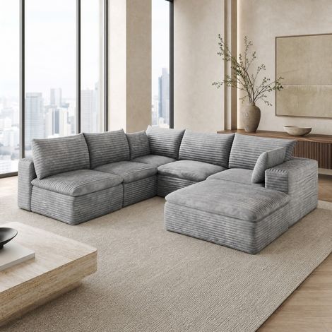Divano modulare in tessuto effetto velluto a coste 260 x 250 cm, grigio, senza montaggio, OKWISH (1/5)