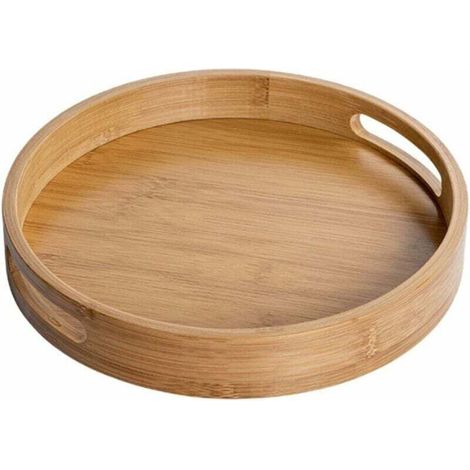 Round Wooden Serving Tray with Handles (Brown), 25 x 25 x 4 cm, Round Decorative Tray, Natural Bamboo, Decorative Tray for Cafe, Bar, Restaurant MUMU (1/4)