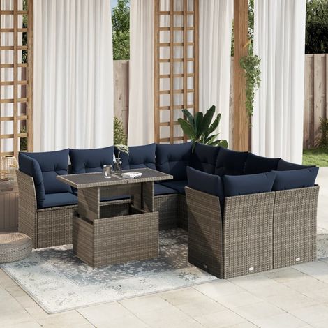 9-teiliges Gartensofa-Set mit Kissen, grau, Polyrattan (1/5)