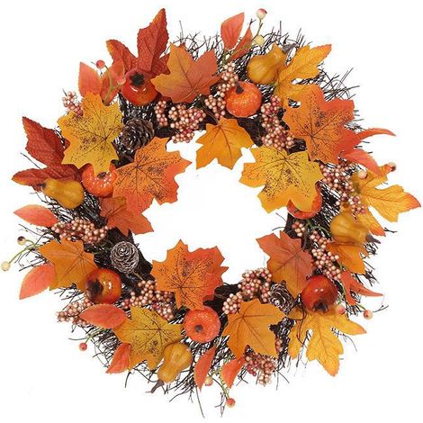 Couronne d'automne 40 cm en rotin, feuilles d'érable artificielles, décoration murale suspendue pour porte, idéale pour célébrer la fête des moissons. (1/4)