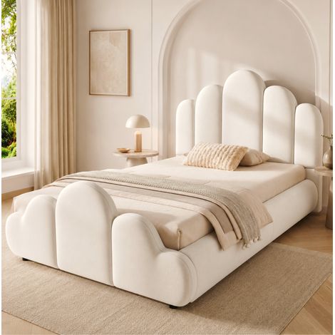 Lit enfant 90 x 200 cm en velours beige, tête de lit rembourrée HAVRYA (1/5)
