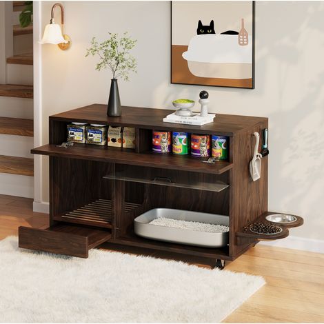 Meuble cache-litière mobile 100x45,5x67 cm en panneaux de particules noyer, gain de place – MEUBLIV (1/5)