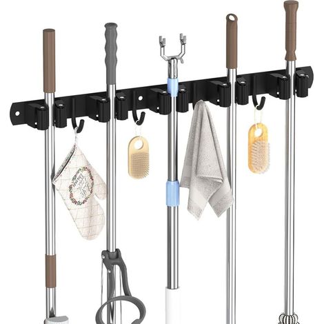 Porta scope da parete, rastrelliera per scope da parete con 5 supporti e 4 ganci, organizer per scope da parete in acciaio inossidabile per cucina, garage, giardino, nero (1/5)